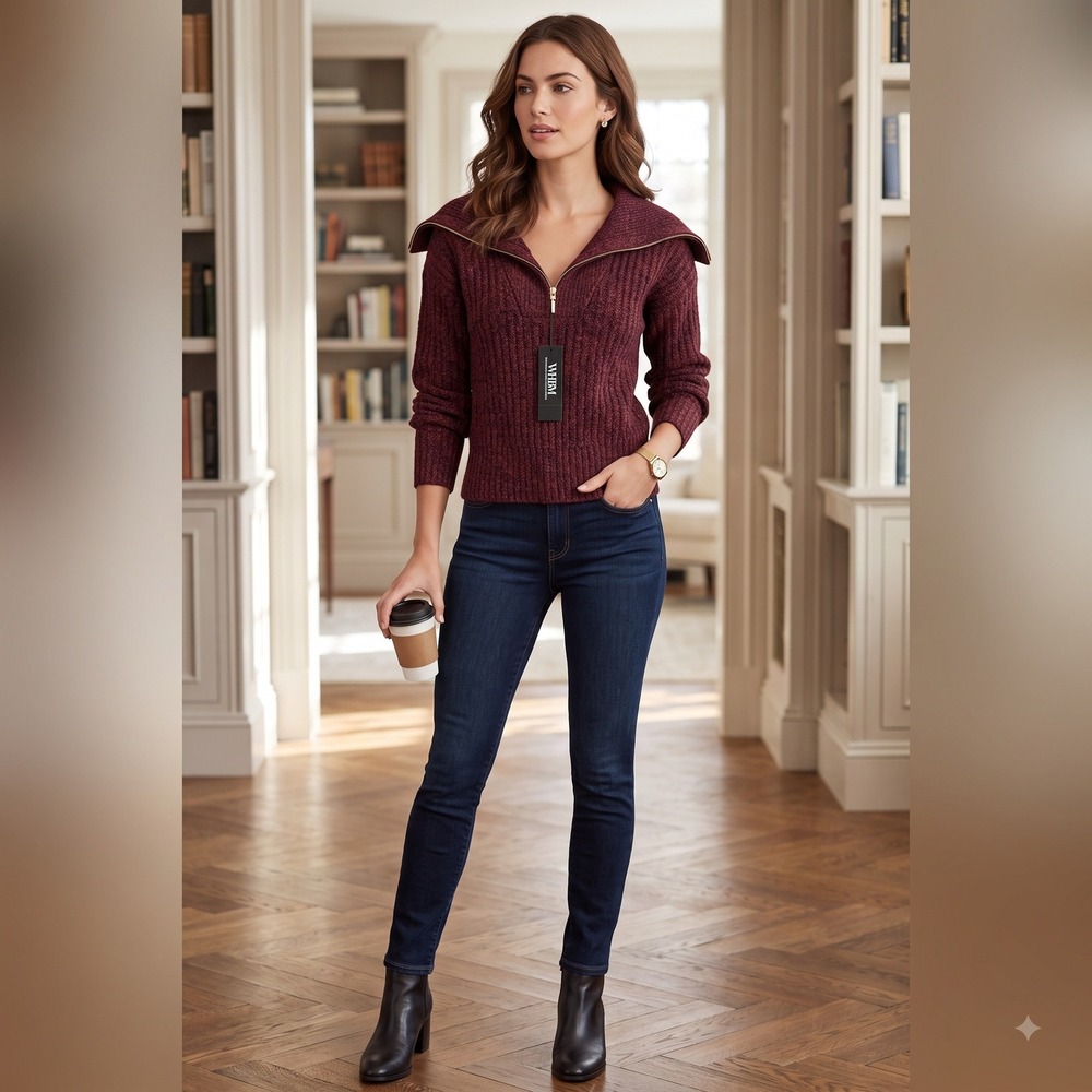 NWT WHBM Burgundy Marled Quarter Zip Sweater Small‎